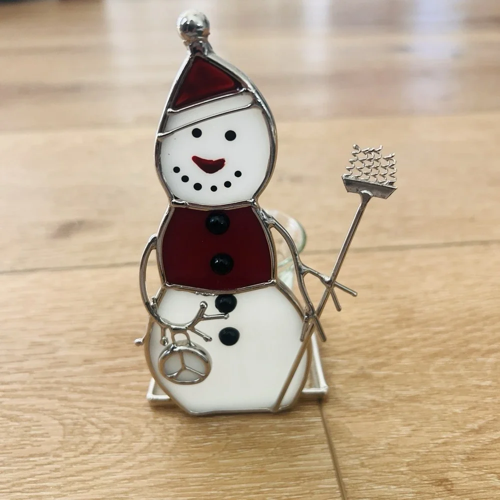 Vintage Snowman Leaded Stained‎ Glass Table Top Votive Candle Holder